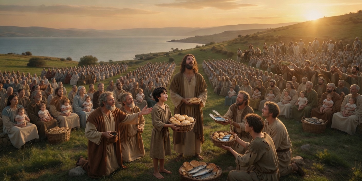 The feeding of the five thousand at sunset by the Sea of Galilee: a boy holds a basket of five barley loaves and two fish before Jesus, disciples kneel with baskets, and a vast crowd seated on the grass.